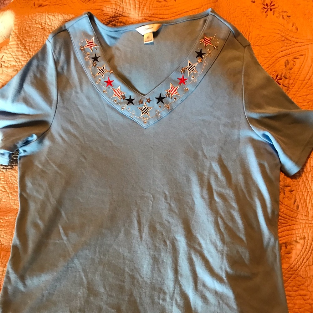 CJ Banks V neck stars and stripes top.